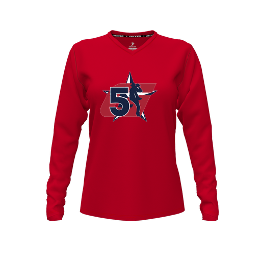 [CUS-DFW-TEES-CMF-VNK-LSL-RED-FYXS-LOGO1] Decker Comfort T-Shirt (Female Youth XS, Red, V Neck, Logo 1, Long Sleeve)